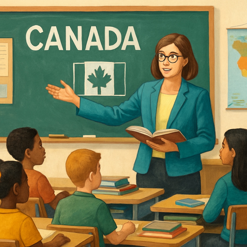 A teacher in a classroom setting, presenting a lesson to a diverse group of students, symbolizing inclusive education in Canada. Teacher presenting a lesson in a diverse Canadian classroom.