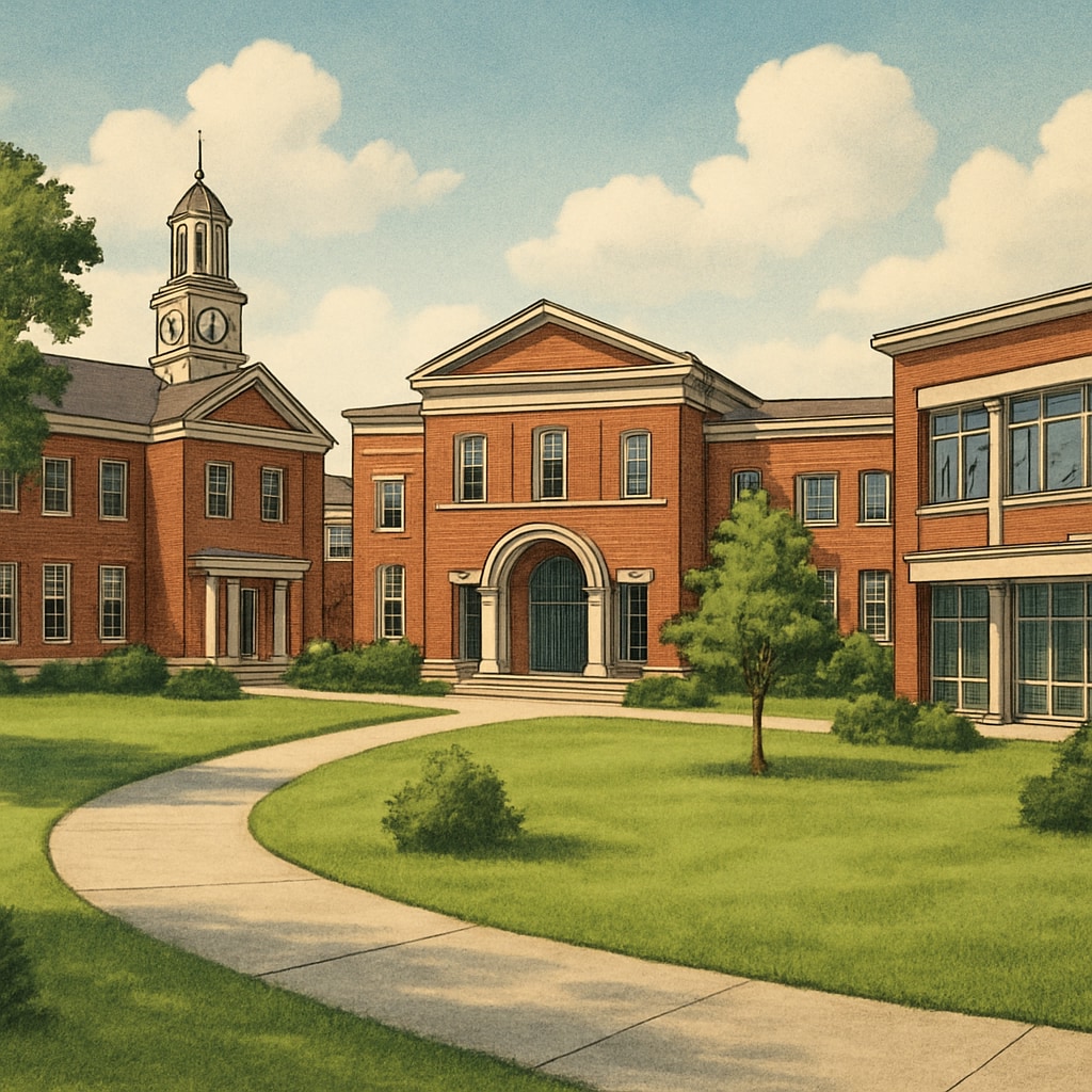 A private school campus showcasing modern facilities and lush grounds, symbolizing exclusivity and investment. Private school campus with state-of-the-art facilities and spacious grounds.
