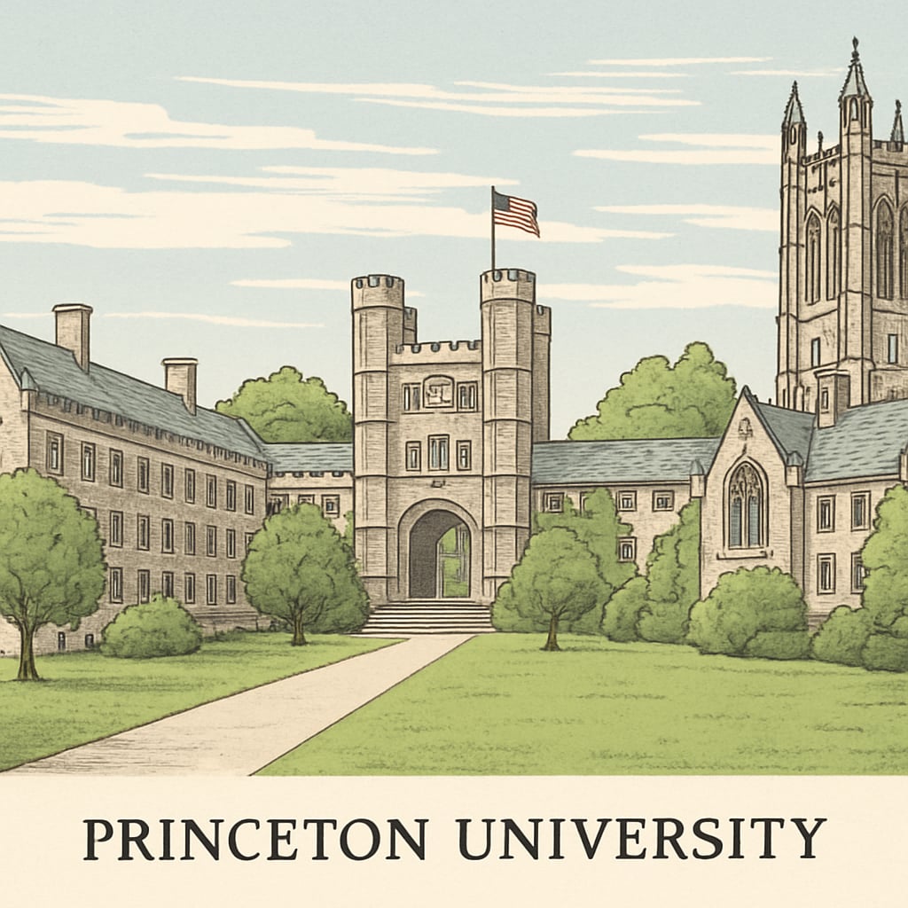 A view of Princeton University’s iconic campus showcasing its architecture and green spaces. Princeton campus view showcasing iconic architecture and green spaces.