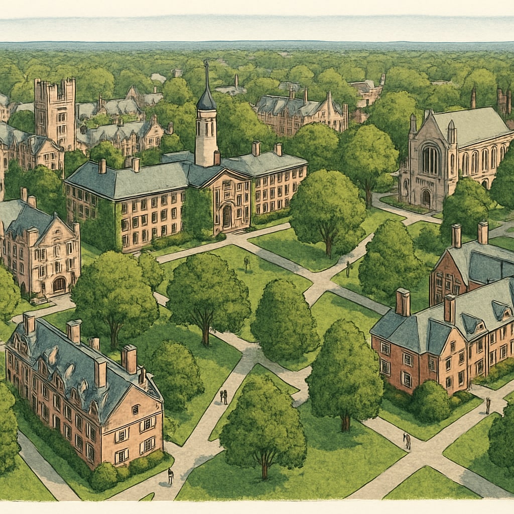 An aerial view of Princeton University’s campus showing students and historic buildings. Aerial view of Princeton University with students and historic buildings.