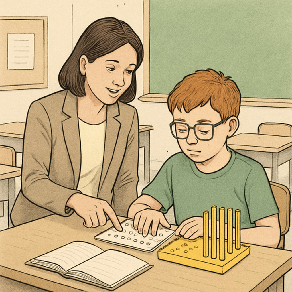 A classroom setting with a teacher assisting a student with learning disabilities using specialized educational tools. A teacher supporting a student with learning disabilities in an inclusive classroom.