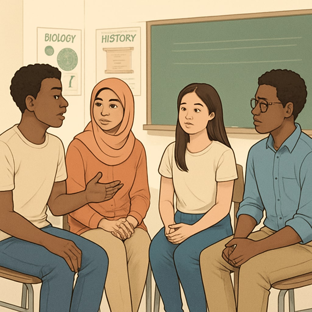 A group of students discussing their unique life experiences in a classroom setting, showing the exchange of perspectives and empathy development. Socioeconomic diversity in education - students sharing life experiences