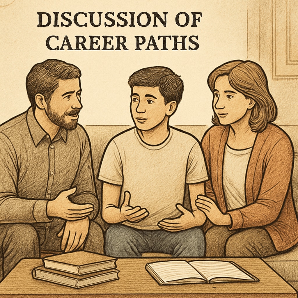 A family discussing career paths with their child, highlighting the importance of balancing encouragement with understanding. A family supporting a child in making career decisions while balancing pressure and empathy.