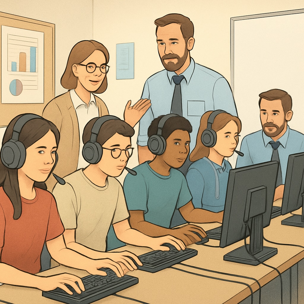 A high school student team engaging in an esports competition while teachers supervise and integrate learning objectives. Students participating in an esports competition as part of gamified learning.