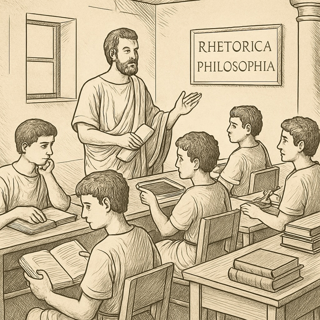 Historical classroom scene showing classical education, rhetoric, and philosophy.