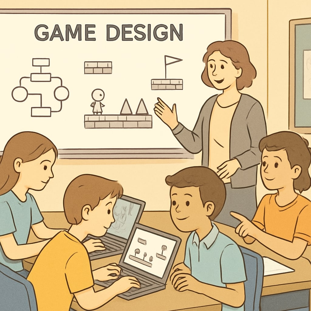 A classroom where students are collaborating on a project related to game design, using laptops and whiteboards under teacher guidance. High school classroom with students working on a game design project as part of esports education.