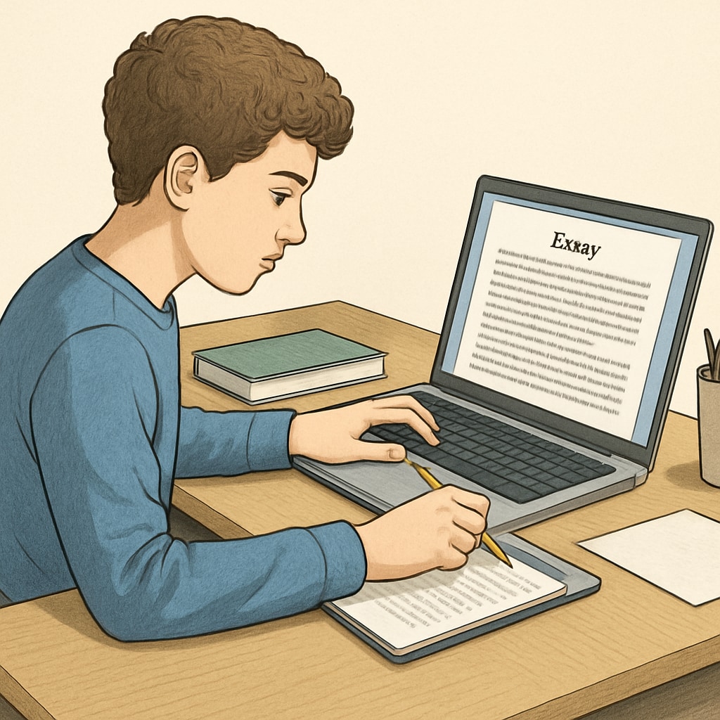 A close-up of a student writing an essay on a laptop, symbolizing originality and effort. A student writing an essay on a laptop to demonstrate academic originality.