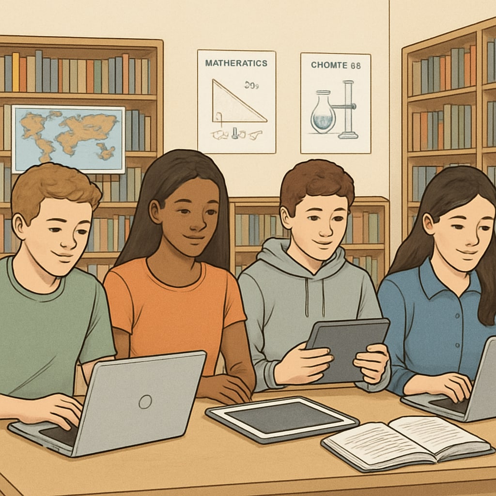 High school students accessing free online learning resources using laptops and tablets.