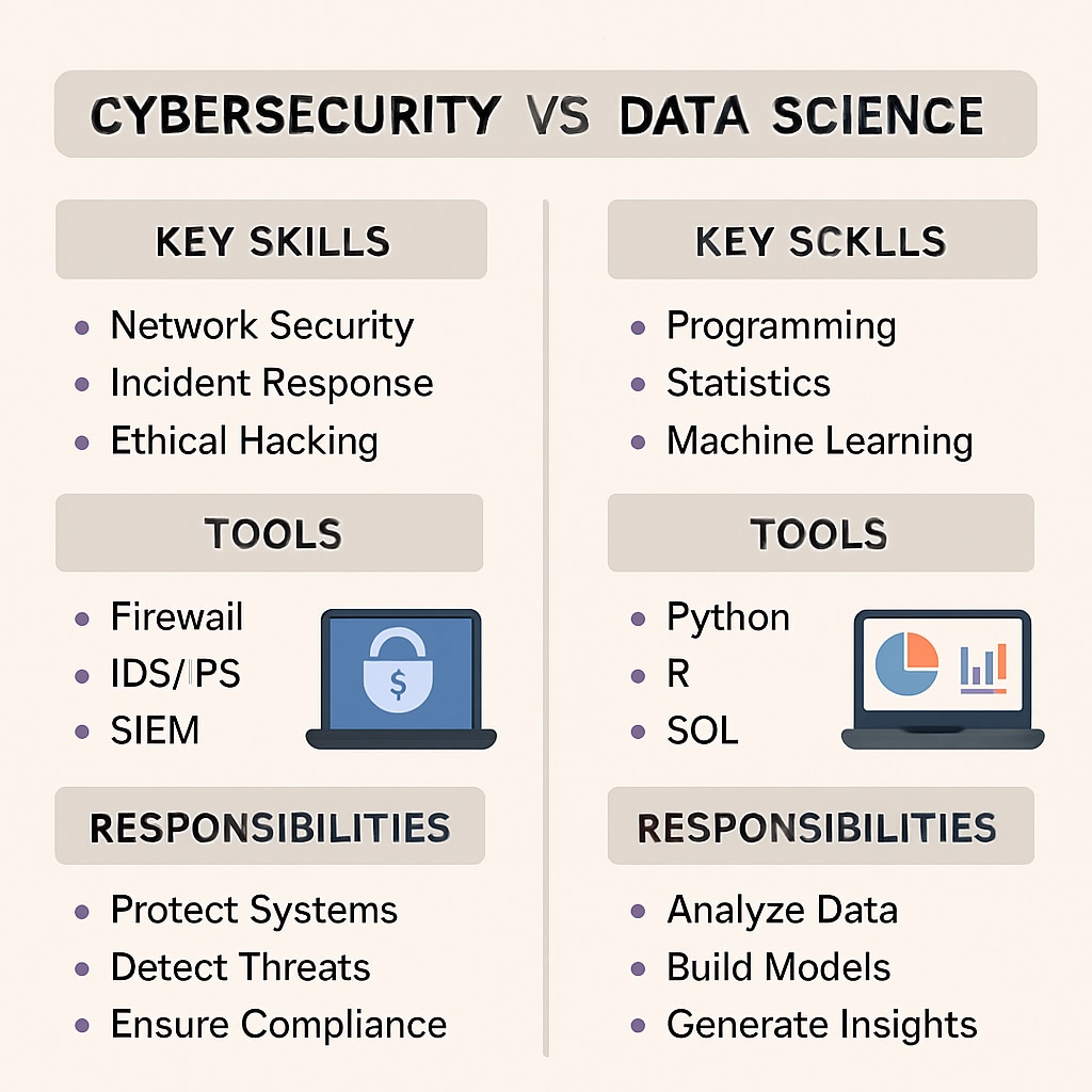 Comparison of cybersecurity and data science roles and skills for career planning.