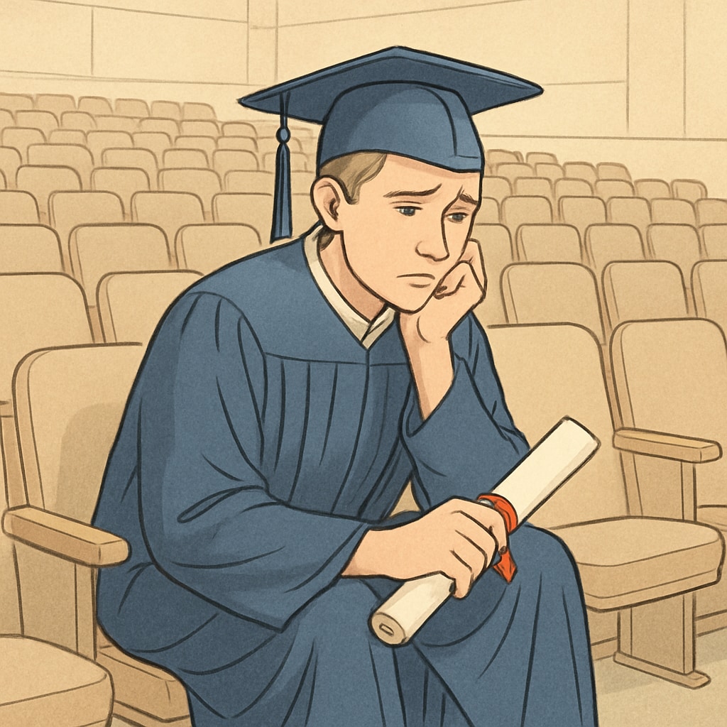 A student sitting isolated during a graduation ceremony, reflecting feelings of regret and modified diploma challenges.