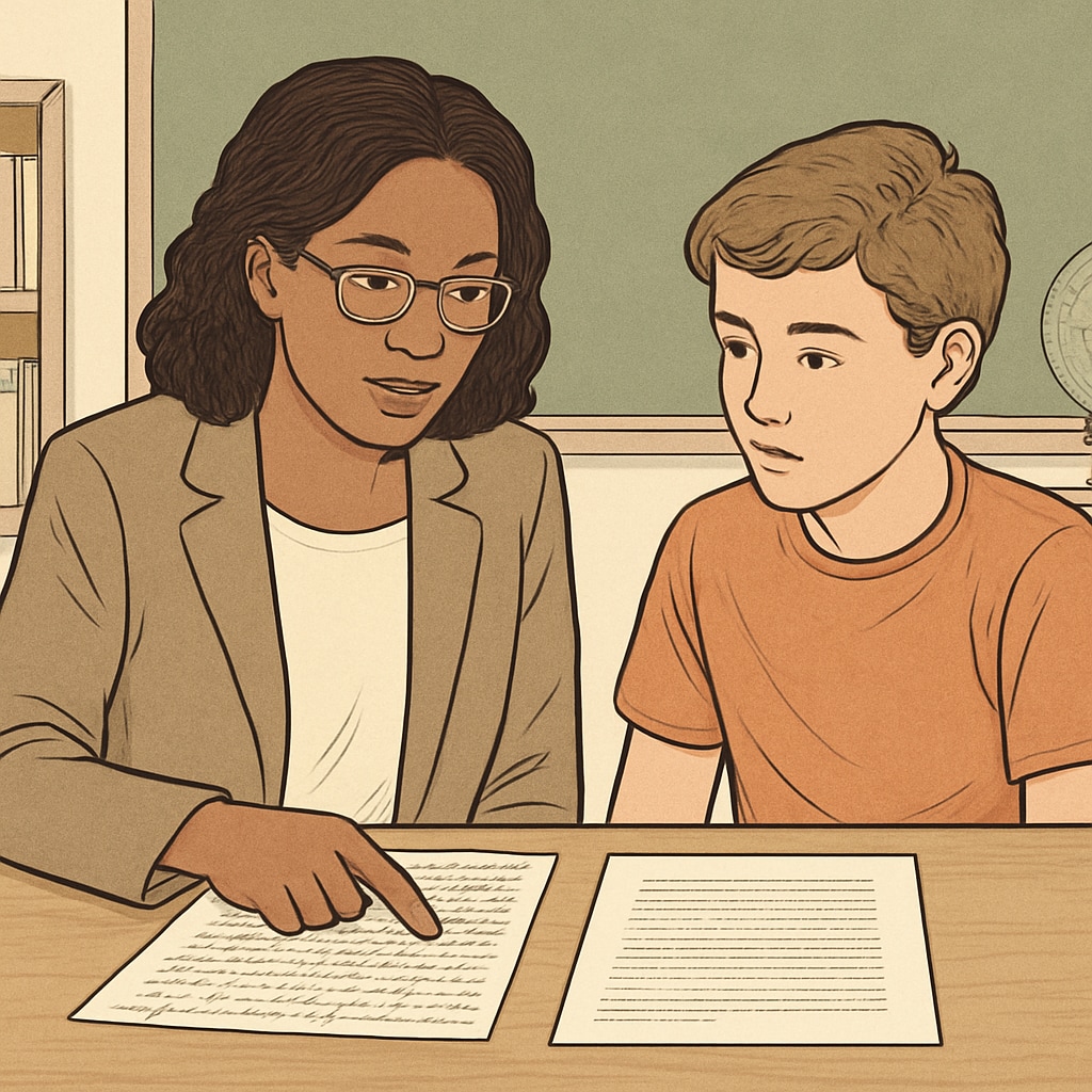 A teacher reviewing a student’s handwritten notes alongside a typed essay, indicating a dialogue about authenticity. A teacher and student discussing essay drafts to verify authenticity.