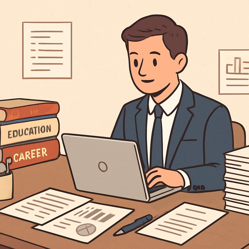 A professional sitting at a desk with a laptop, surrounded by textbooks and work documents, representing the balance between education and career. Professional balancing work and education with materials for a master’s degree.