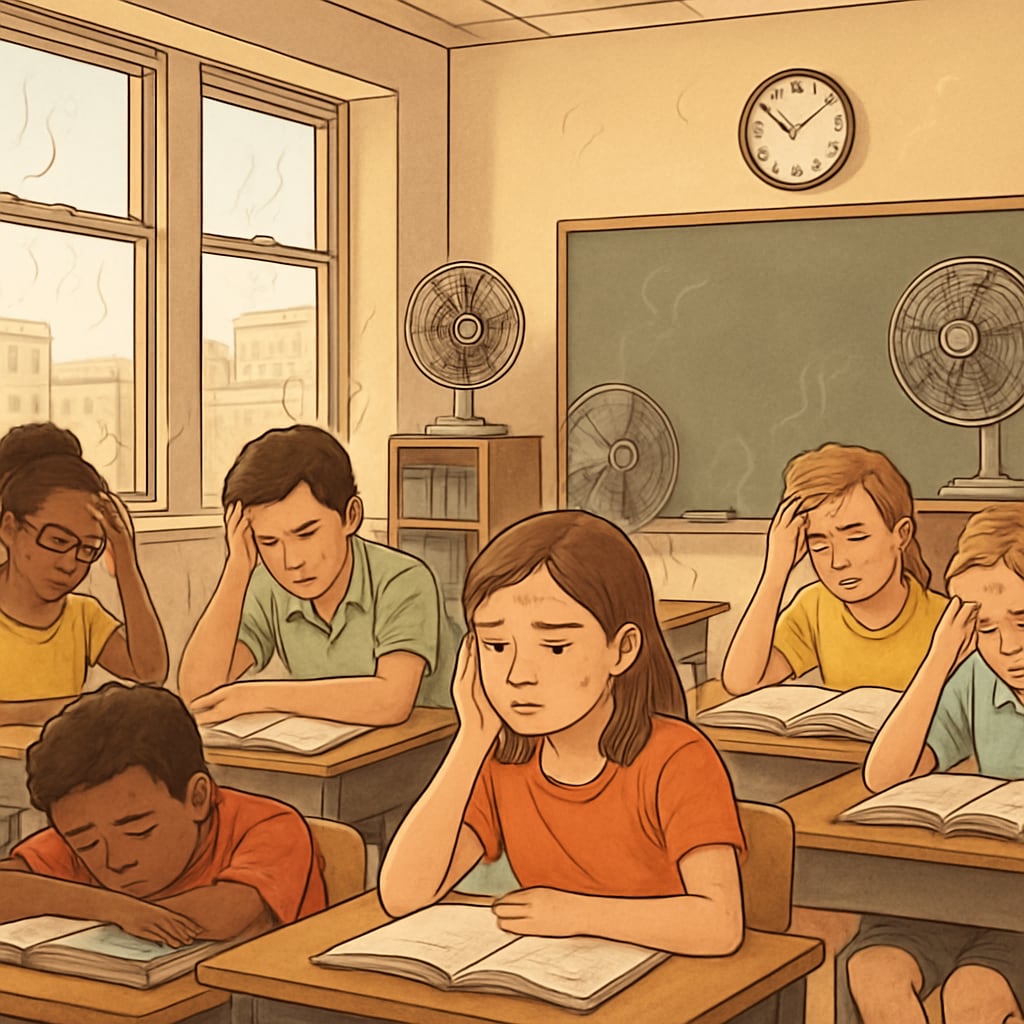 A classroom in an urban school without air conditioning, with students appearing uncomfortable and struggling to focus due to extreme heat. Students in an overheated classroom, illustrating the impact of extreme heat on marginalized communities and educational inequality.