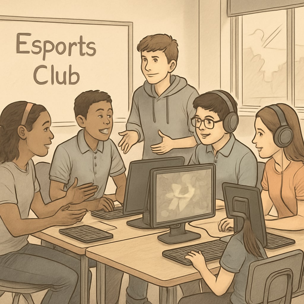 A group of K12 students actively participating in an esports club, surrounded by computers and engaging discussions. The image highlights the collaborative nature of esports in education. K12 students participating in an esports club, promoting game-based learning and education.