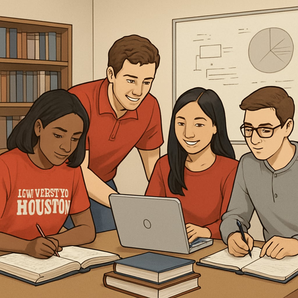 A group of University of Houston students working together in a study room, showcasing collaboration and academic resources. University of Houston students collaborating in a study room, highlighting learning groups.
