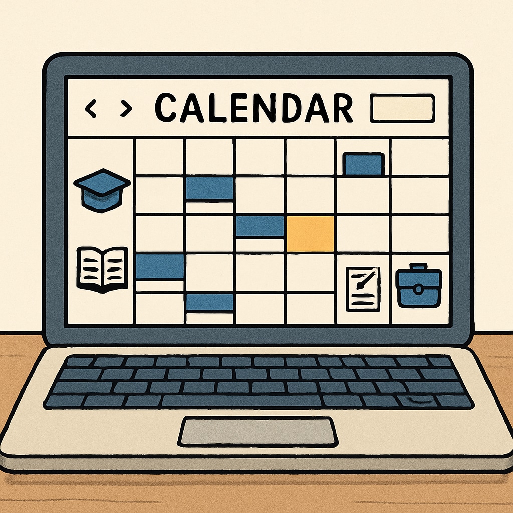 A digital calendar or planner open on a laptop, symbolizing organized scheduling for education and work. Digital calendar representing organized scheduling for a master’s degree.