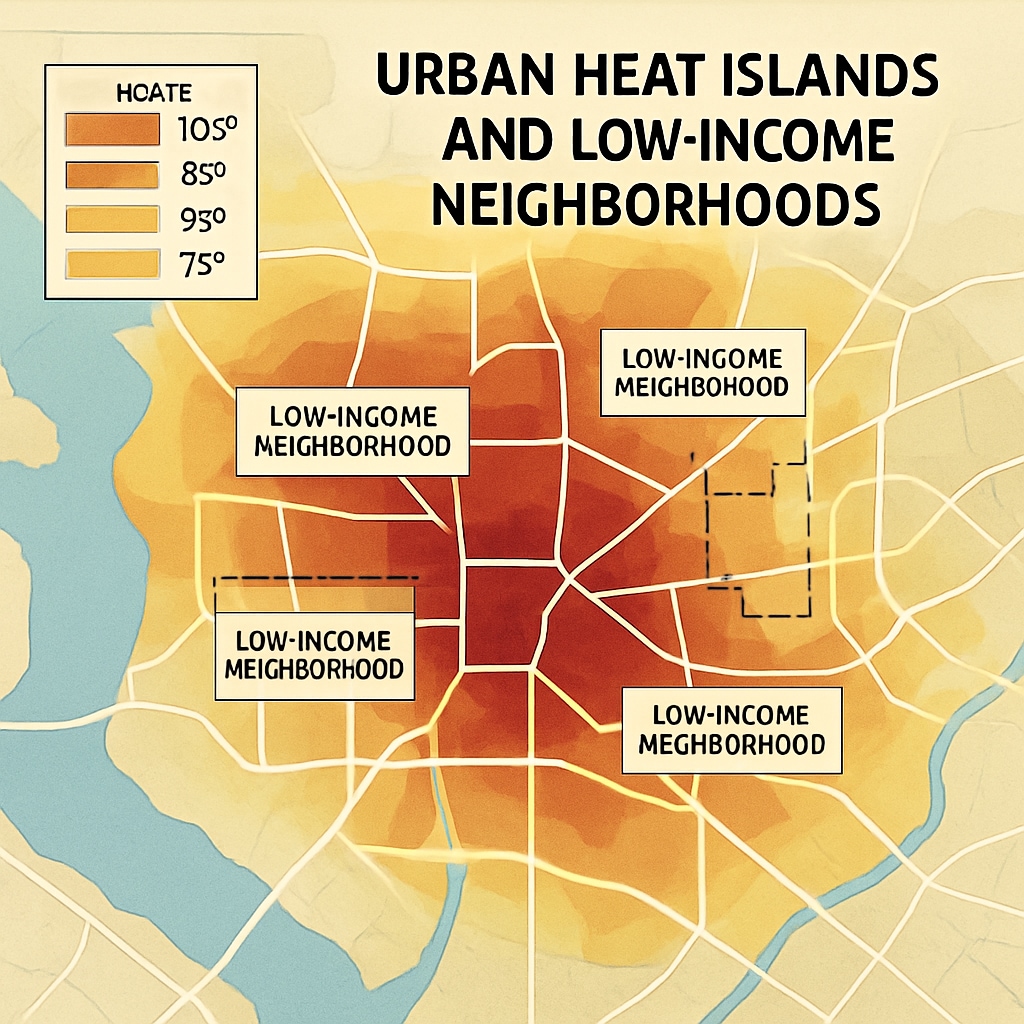 A heat map showing urban heat islands overlaid with low-income neighborhoods, emphasizing the correlation between poverty and extreme heat exposure. Heat map visualizing urban heat islands and their disproportionate impact on low-income neighborhoods and schools.