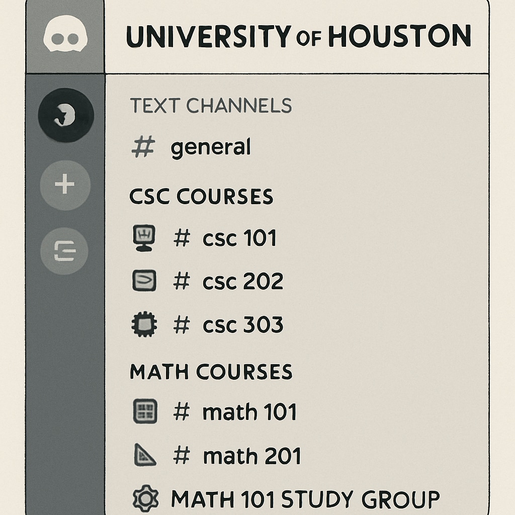 A screenshot of a Discord server for University of Houston students, featuring organized channels for specific courses and study groups. Discord server screenshot showing study groups for University of Houston students.
