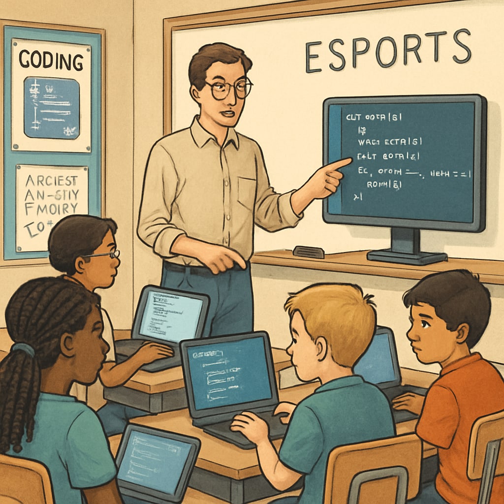 A teacher guiding students through an esports-related coding project in a classroom setting. This showcases the academic integration of esports into traditional subjects. Teacher guiding students in esports-related coding project, emphasizing educational innovation.