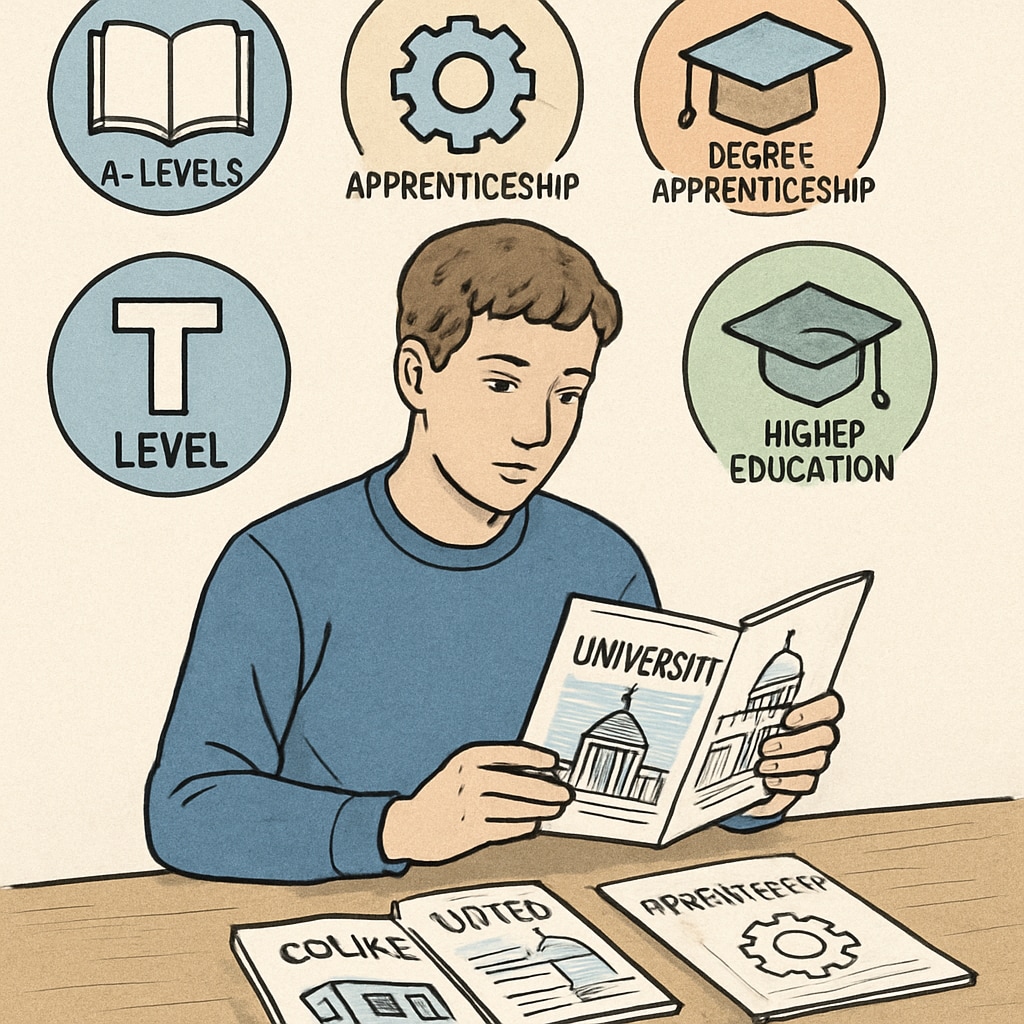A young adult looking at educational brochures, symbolizing exploration of pathways in the UK education system. Young adult exploring UK education system pathways.