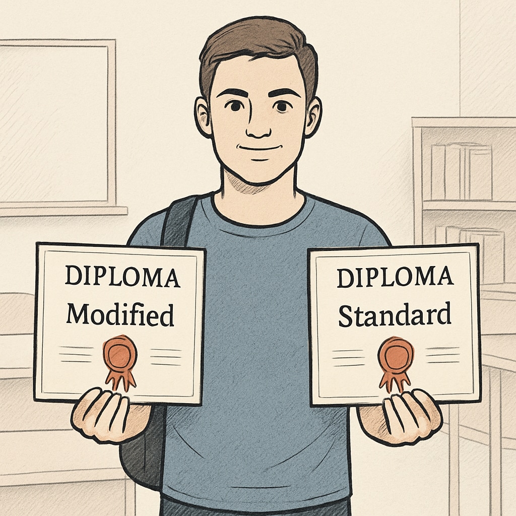 A student holding a modified diploma and a standard diploma, symbolizing education options.