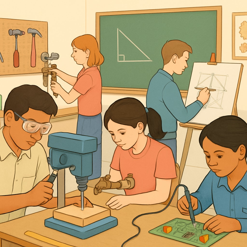 A classroom setting with students engaged in hands-on activities, representing vocational training programs. Students participating in vocational training activities.