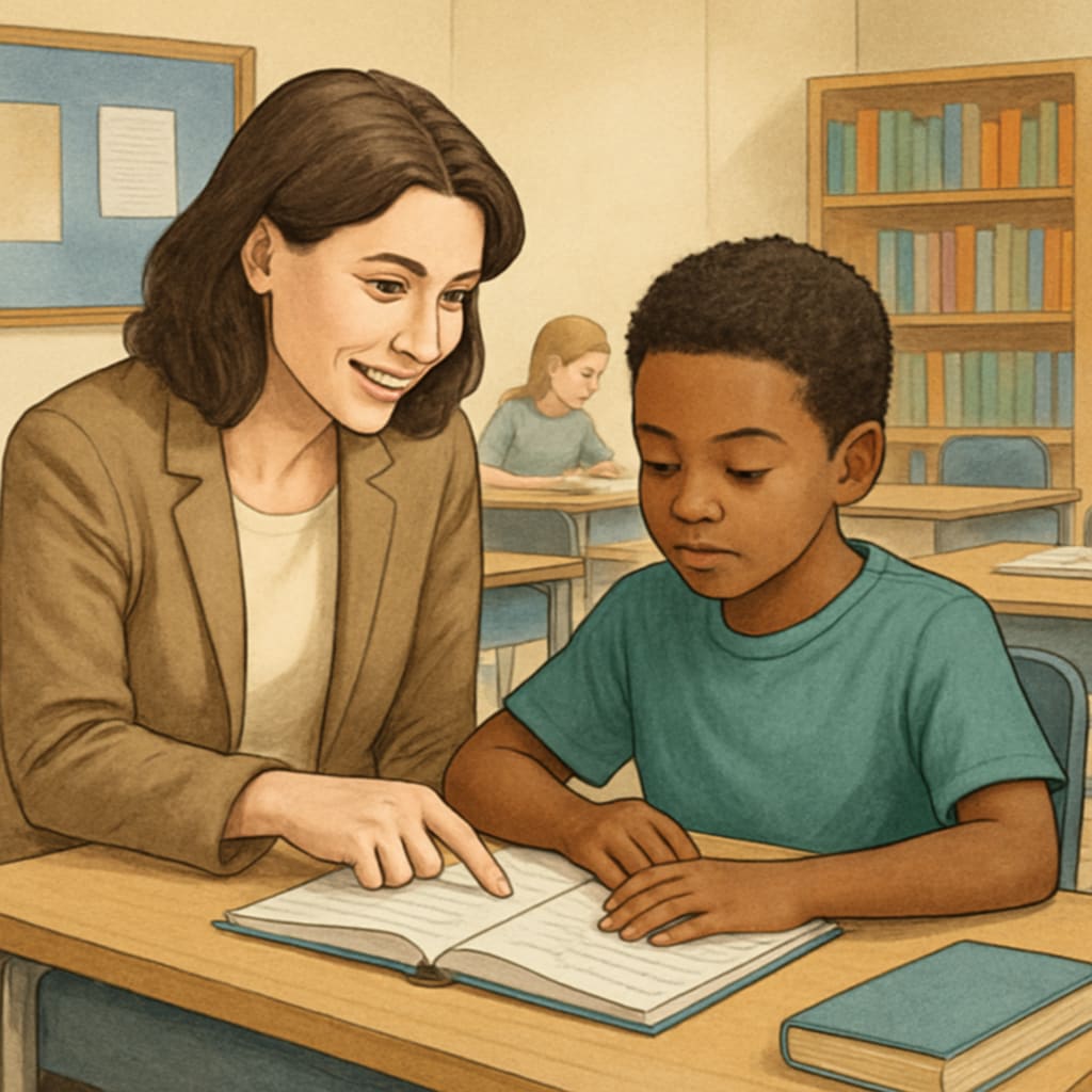 A classroom setting where a teacher is providing one-on-one support to a student. The student looks engaged and comfortable, reflecting the importance of emotional connection in overcoming learning resistance. Teacher supporting a student in a safe learning environment.