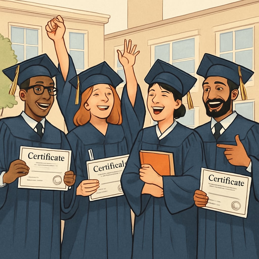 Students celebrating academic success, emphasizing self-worth over diploma types.