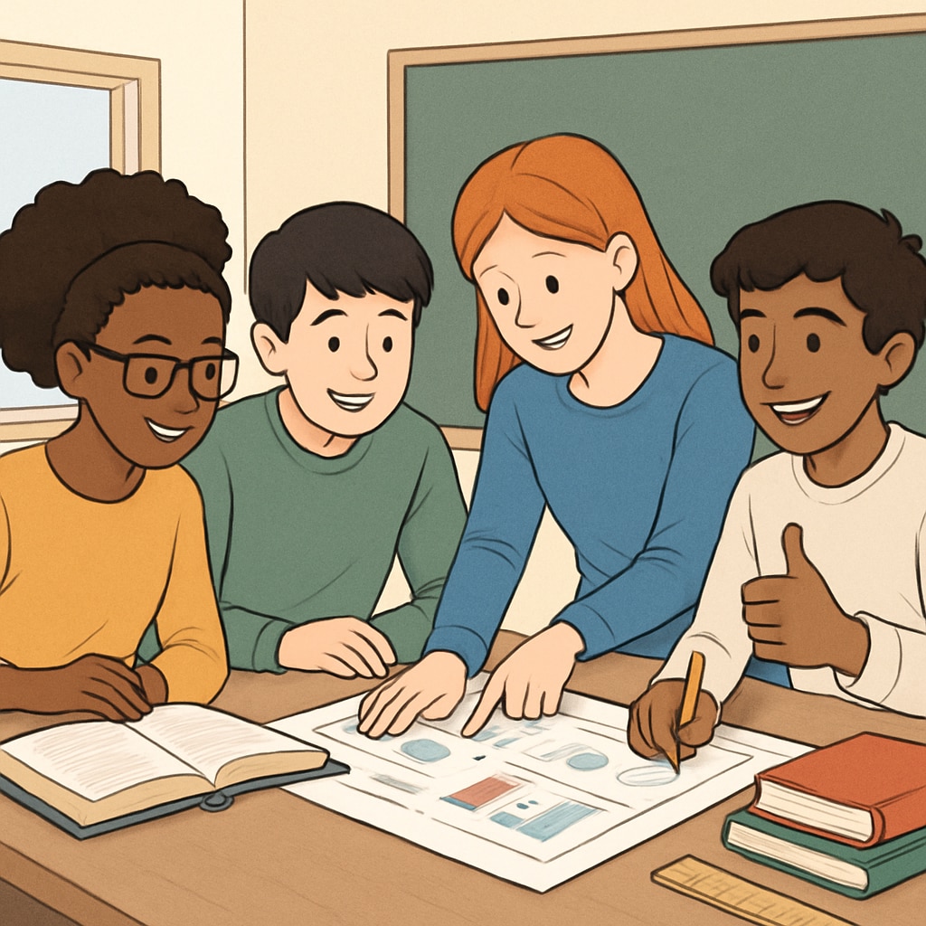 A diverse group of students working together on a collaborative project. The image highlights teamwork and mutual encouragement, key aspects of a safe and supportive classroom environment. Students collaborating in a supportive learning environment.