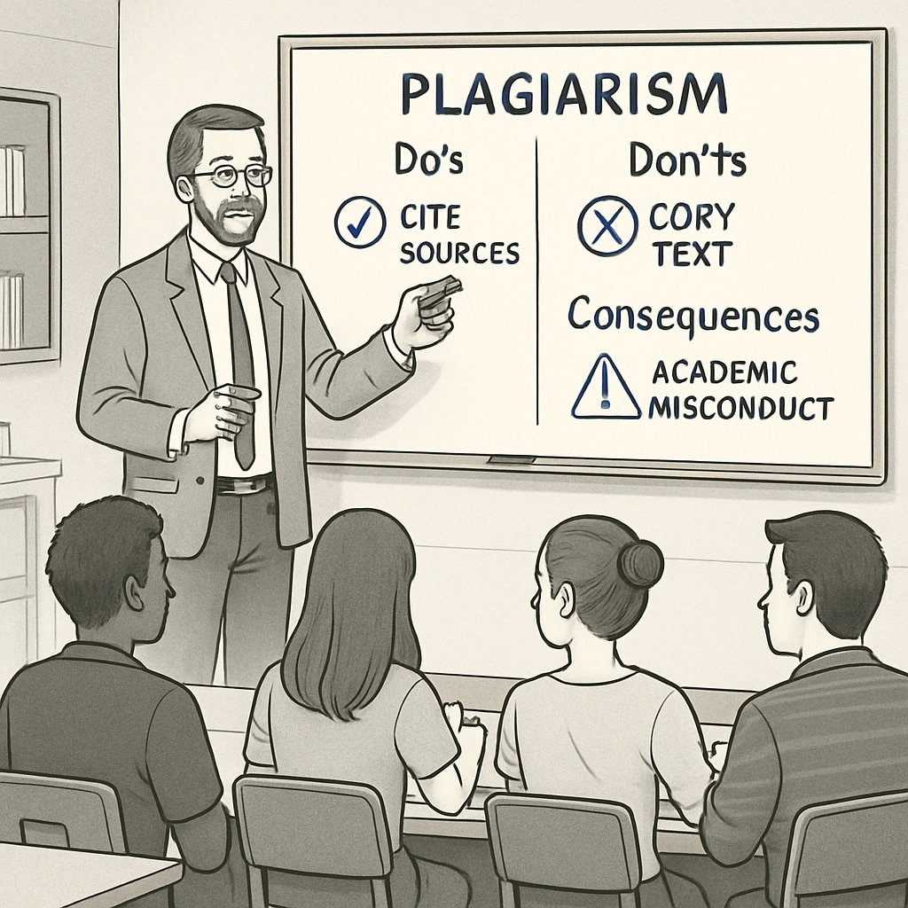 Professor explaining plagiarism policies during a student workshop