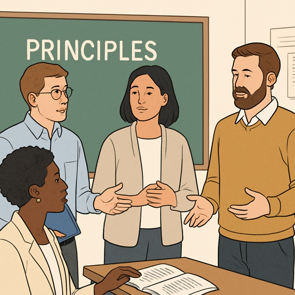 A photo of a classroom with diverse teachers discussing educational principles, symbolizing ideological diversity. Teachers discussing educational practices, representing ideological diversity.