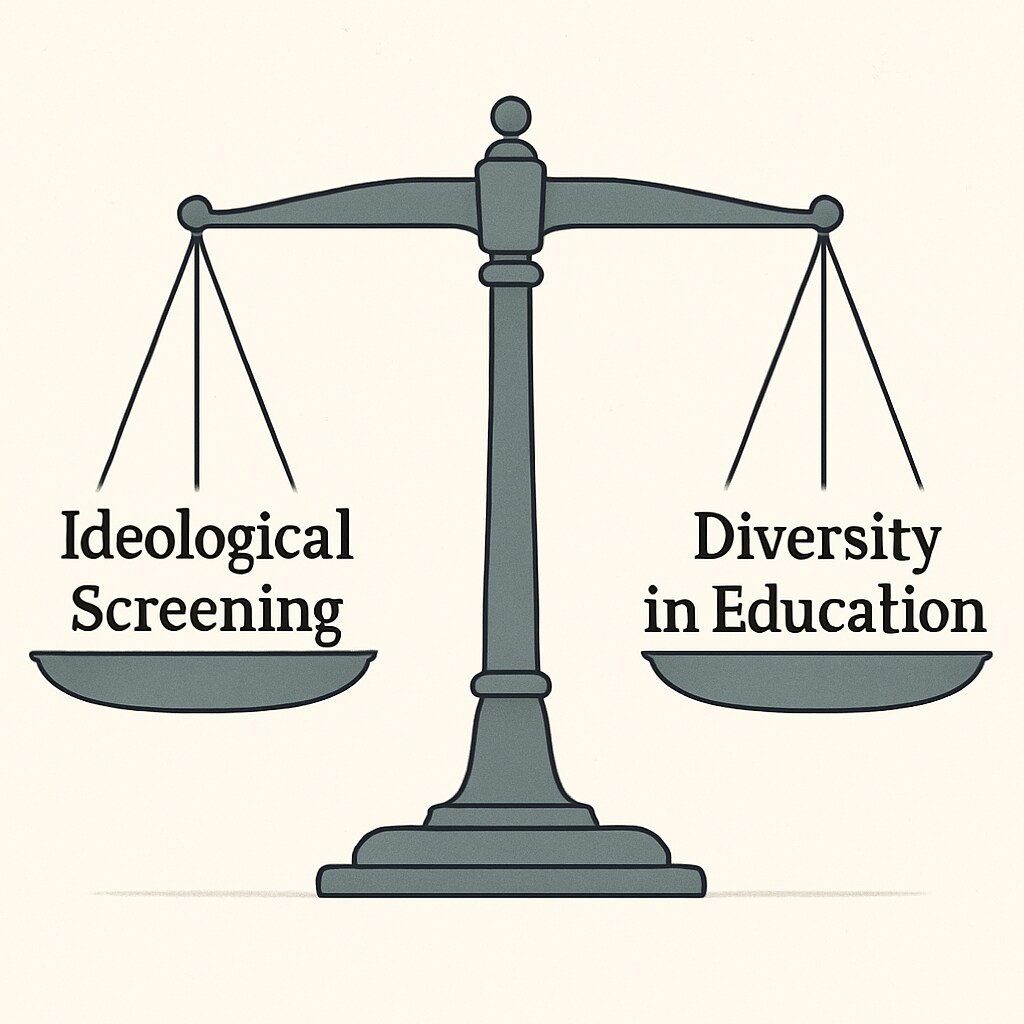 A graphic depicting a scale balancing  A scale balancing ideological screening and diversity in education, reflecting the policy debate.