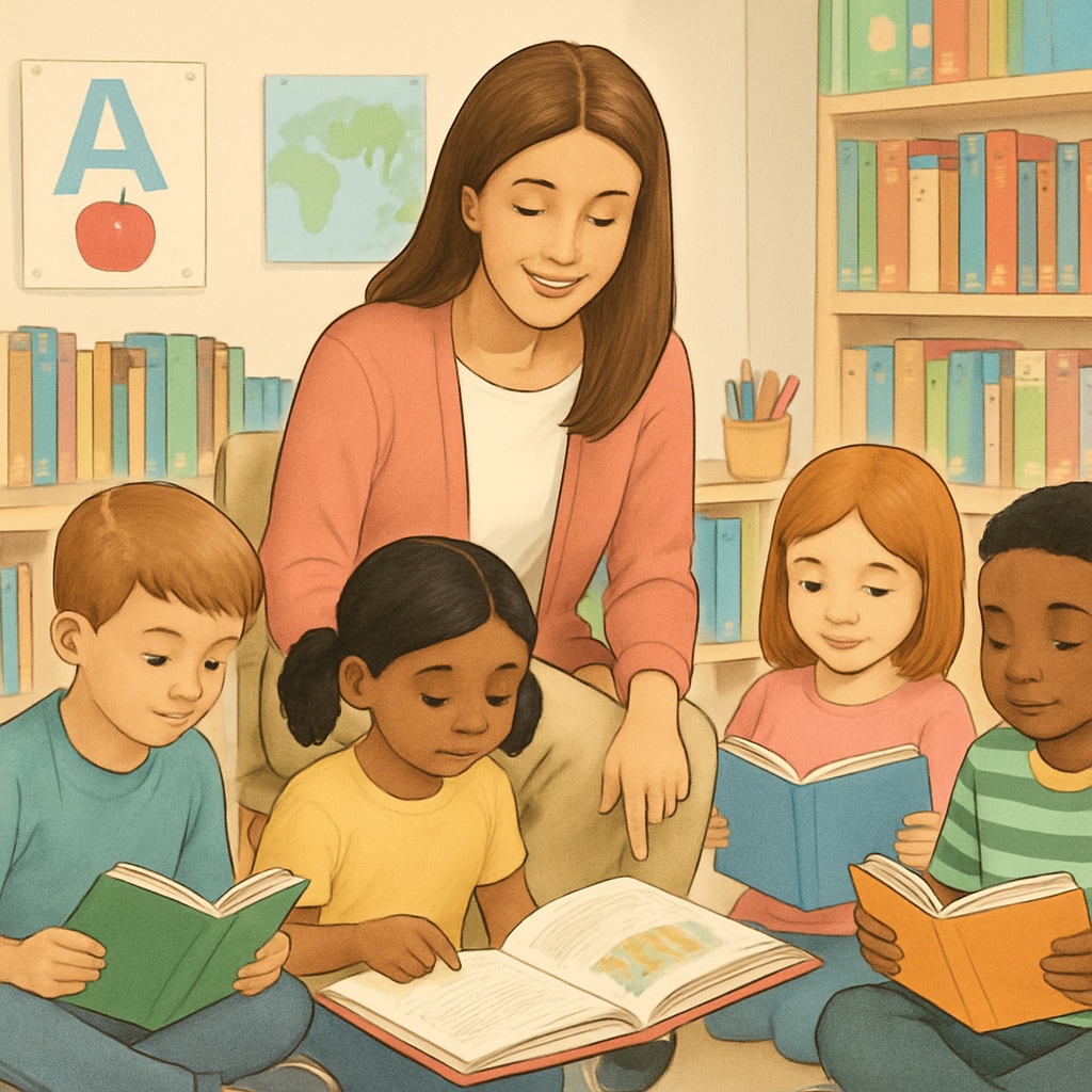 A teacher guiding children in reading activities in a classroom setting. A teacher demonstrating effective reading methods to children in a classroom.