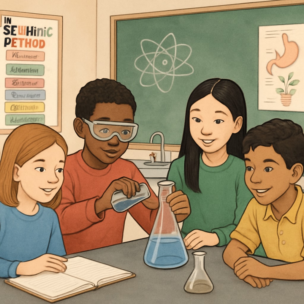 Students conducting a science experiment in a diverse classroom setting. Diverse students working together on a science experiment with visual aids.