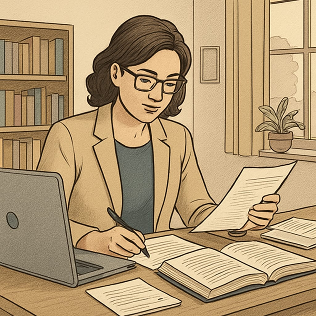 A teacher studying at home with a laptop and books, symbolizing the balance between professional and academic responsibilities. Teacher balancing career and master's degree studies with a laptop and books.