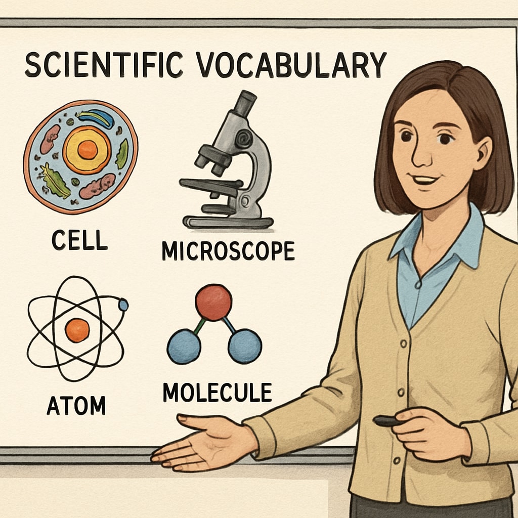 A teacher using a whiteboard to explain scientific vocabulary with visual aids. Teacher writing scientific vocabulary on a whiteboard with charts and diagrams visible.