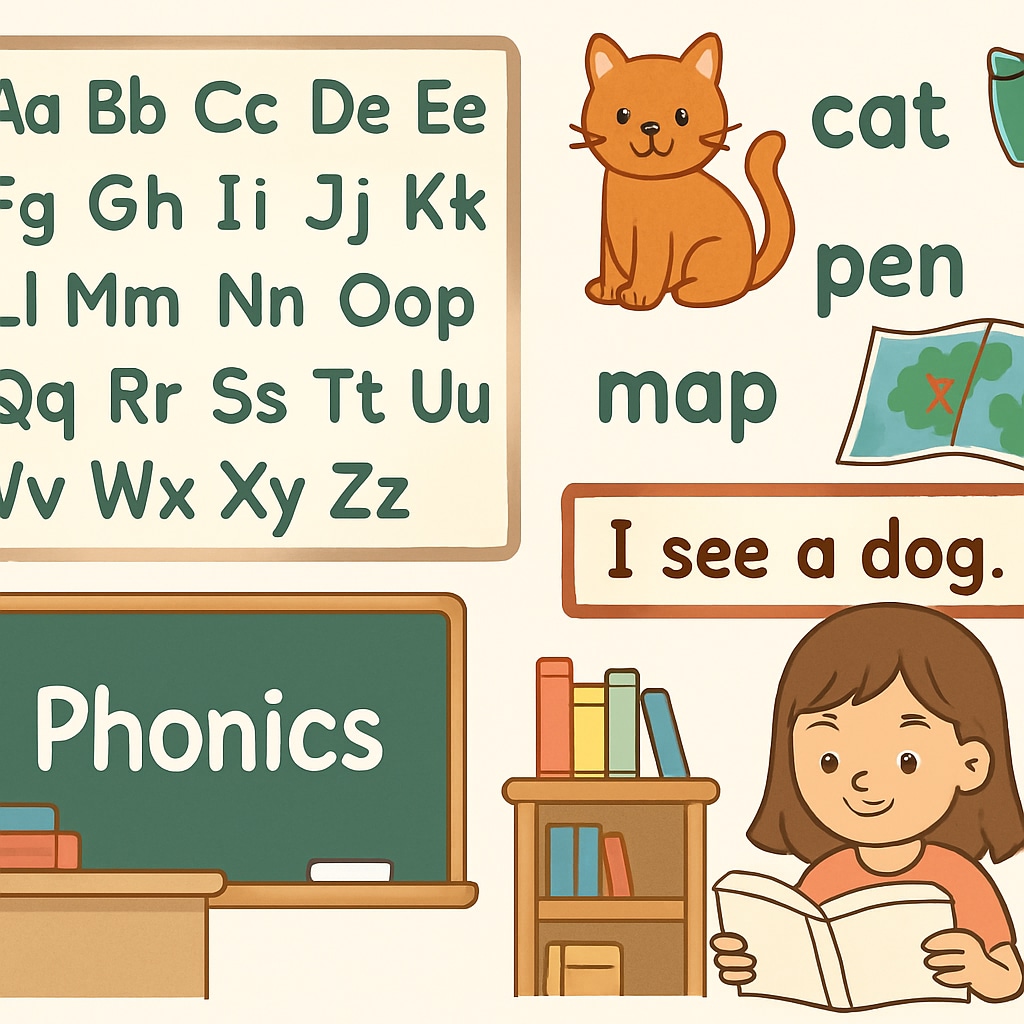 An illustration of phonics-based reading materials used in elementary classrooms. Phonics-based materials designed to teach children systematic reading approaches.