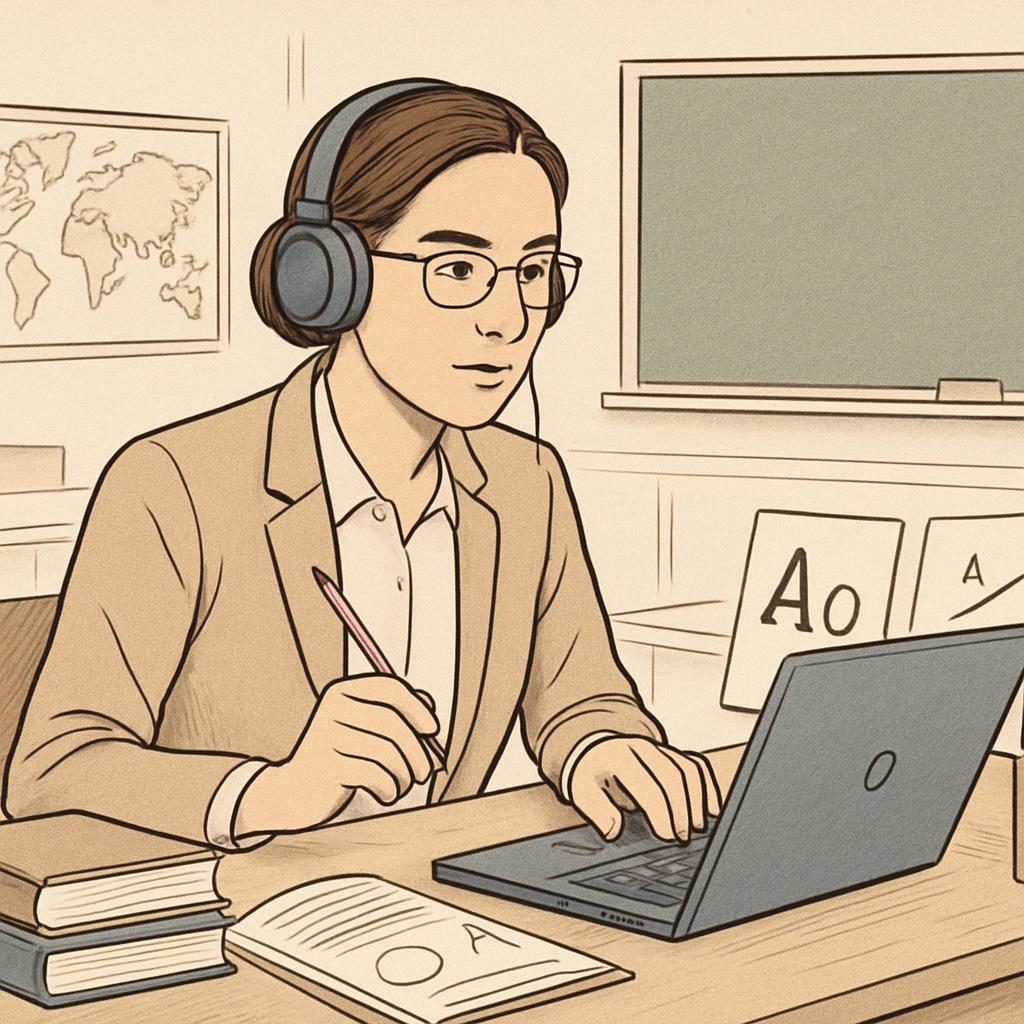 A teacher participating in an online course, with headphones and a focused expression, representing flexible learning options. Teacher engaged in an online master's degree course, showing flexible learning opportunities.