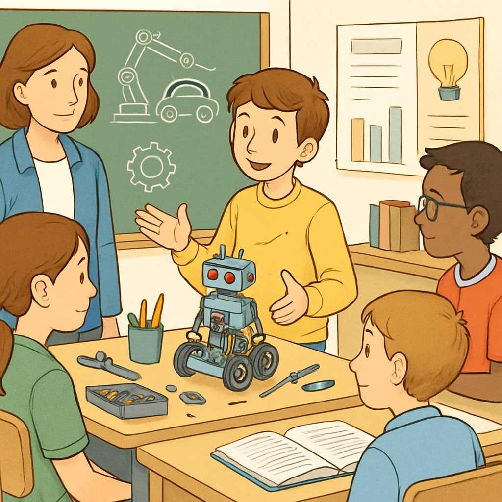A student working on a robotics project while explaining its educational significance in a classroom setting. Student demonstrating a robotics project in a STEM education context.