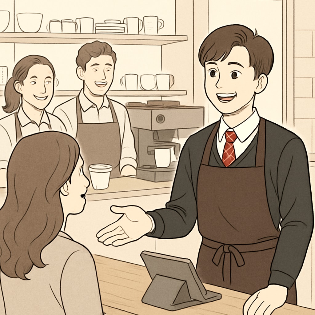 A high school student working part-time at a coffee shop, engaging in teamwork and improving communication skills. High school student working part-time at a coffee shop, demonstrating teamwork and communication.
