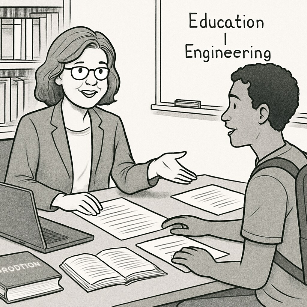 A university advisor discussing curriculum plans with a dual-degree student pursuing education and engineering. Advisor helping a student plan their interdisciplinary curriculum.