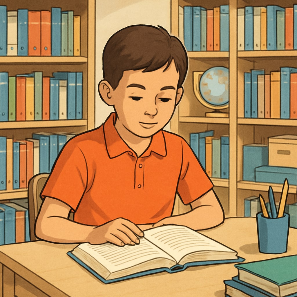 A young student sitting in a library, reading a book, symbolizing hope and progress in education. Young student in a library, resuming education after academic interruptions.