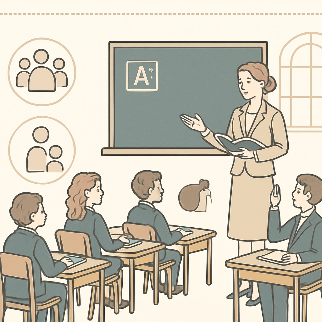 A classroom with students and a teacher in a private school setting, emphasizing small class sizes and personalized instruction. Private school classroom with small class sizes and personalized instruction