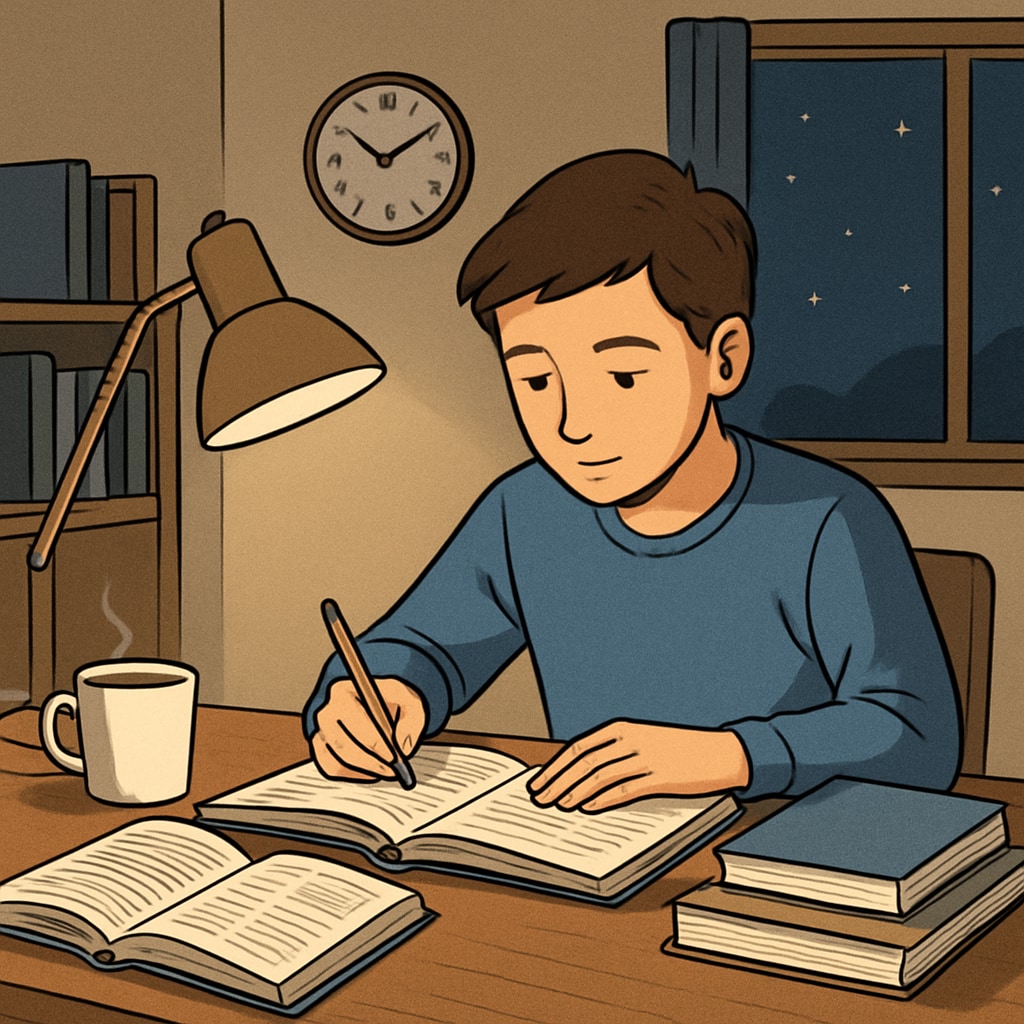 A high school student studying late at night after finishing their part-time job, showcasing the challenge of balancing work and academics. High school student studying late after work, highlighting the challenge of balancing academics and part-time jobs.