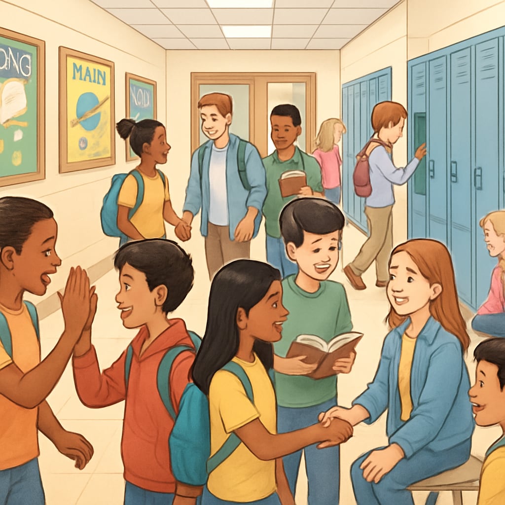 A bustling public school hallway with diverse students, showcasing the community and inclusivity of public education. Public school hallway with diverse students and community inclusivity