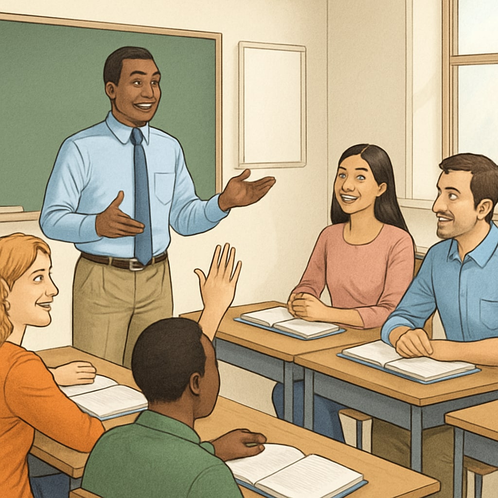A group of adult learners in a classroom, engaging in a discussion with a teacher, representing collaborative learning. Adult learners discussing with a teacher, symbolizing support systems for resuming education.