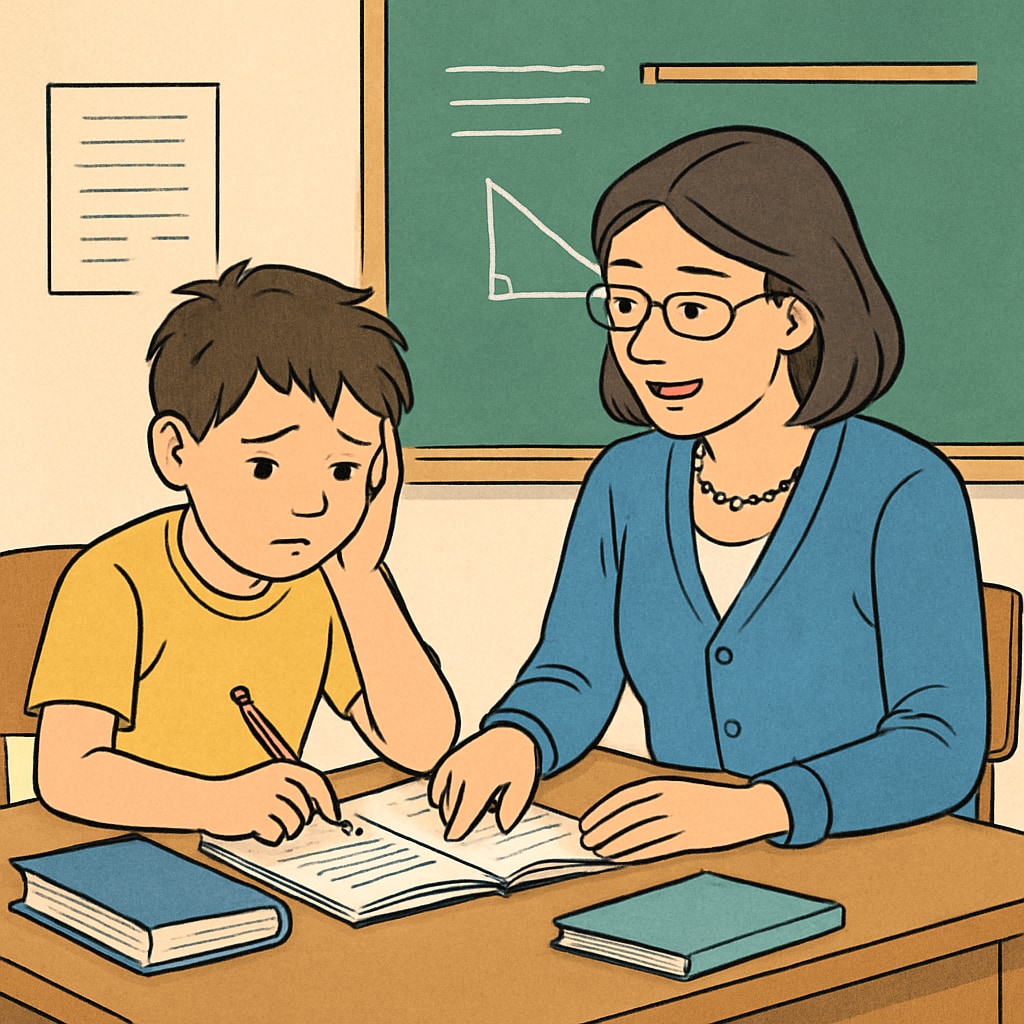 A classroom setting where a teacher is assisting a student with learning difficulties in a one-on-one session. A teacher helping a student with learning challenges in a classroom setting.