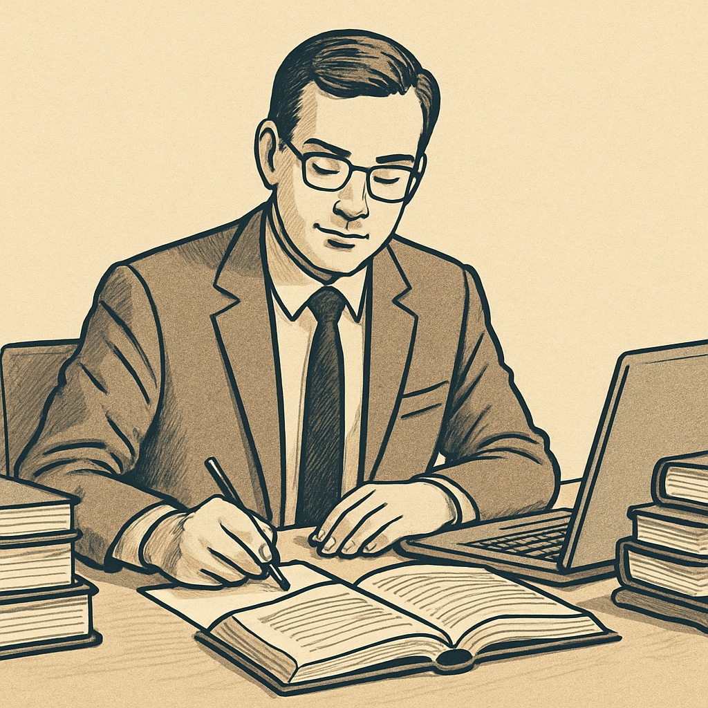 A professional adult sitting at a desk, surrounded by books and a laptop, symbolizing the balance between work and study. Balancing work and study for career development and time management.