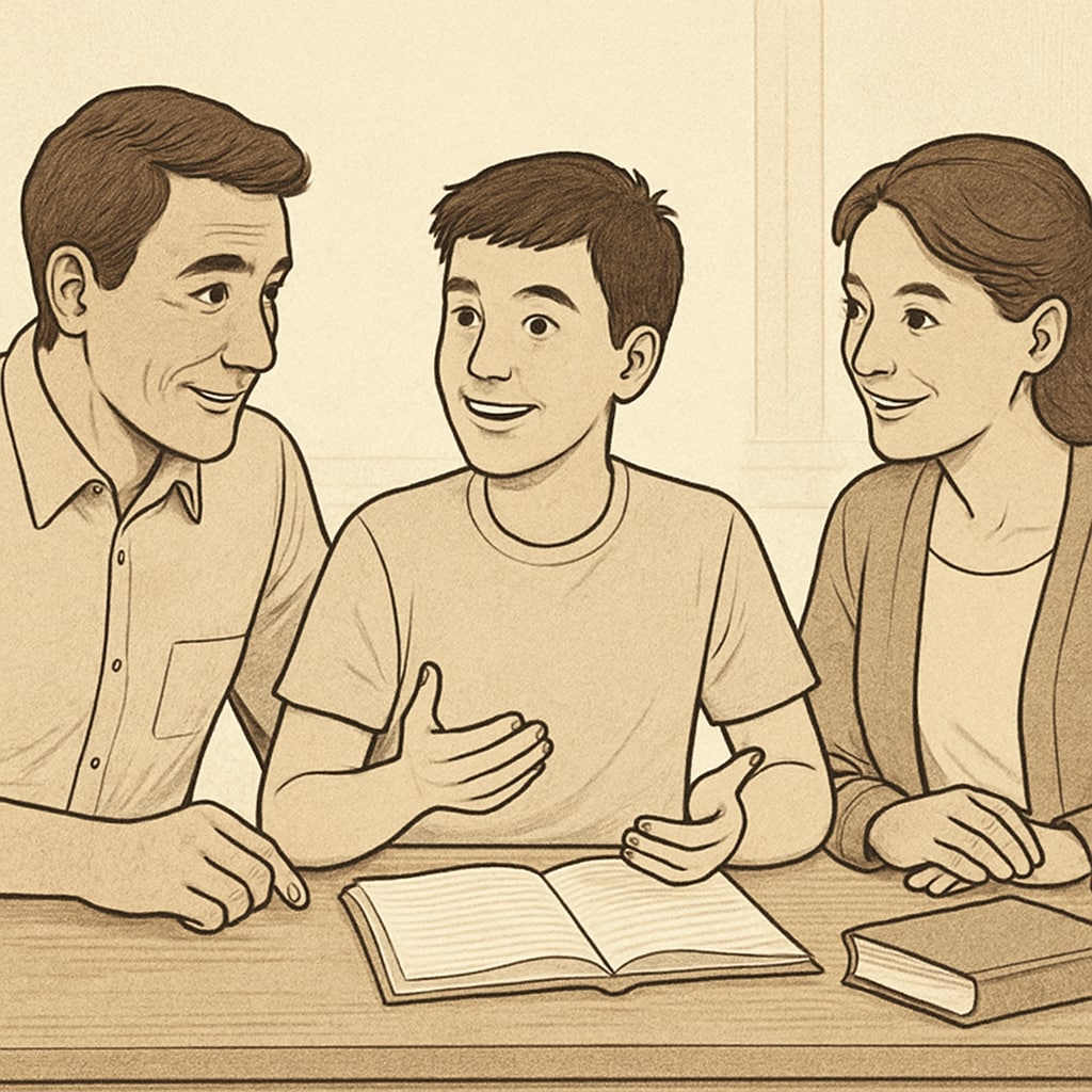 A family sitting together, discussing academic goals and offering emotional support to their child. A family supporting a student in balancing educational challenges and family expectations.