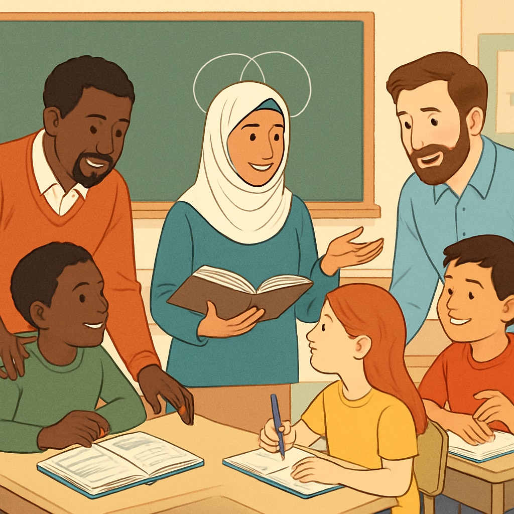 Classroom diversity with teachers engaging with students.